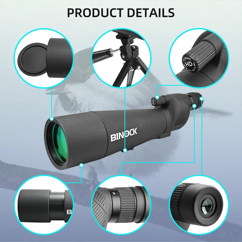 Binoculars with labeled parts on a blue background BINOCK DT16 bird watchingscope the best spotting scope