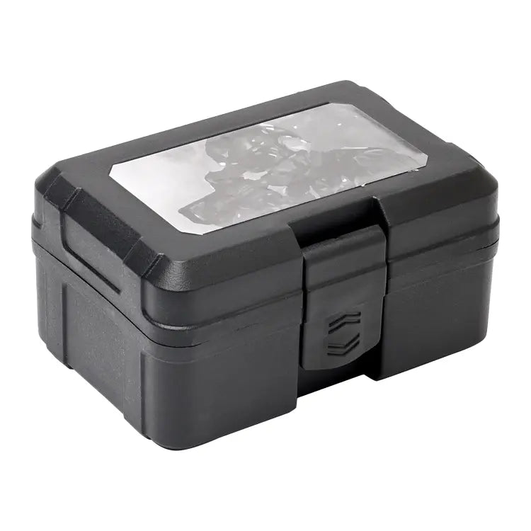 Black rectangular box with a clear lid on a white background