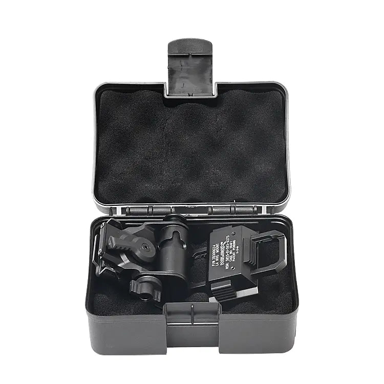 Black night vision goggles helmet mount sight in an open black case on a white background