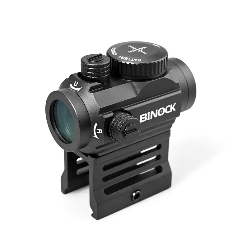 Black binocular night vision goggles and red dot sights with 'BINOCK' branding on a white background