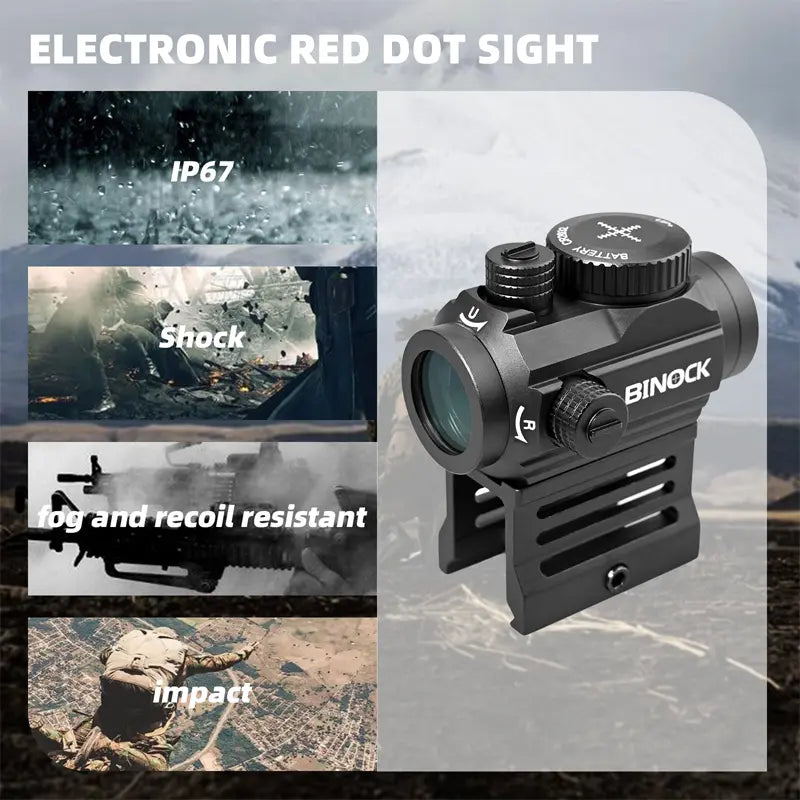 BINOCK electronic red dot sight with durability features on a gray background