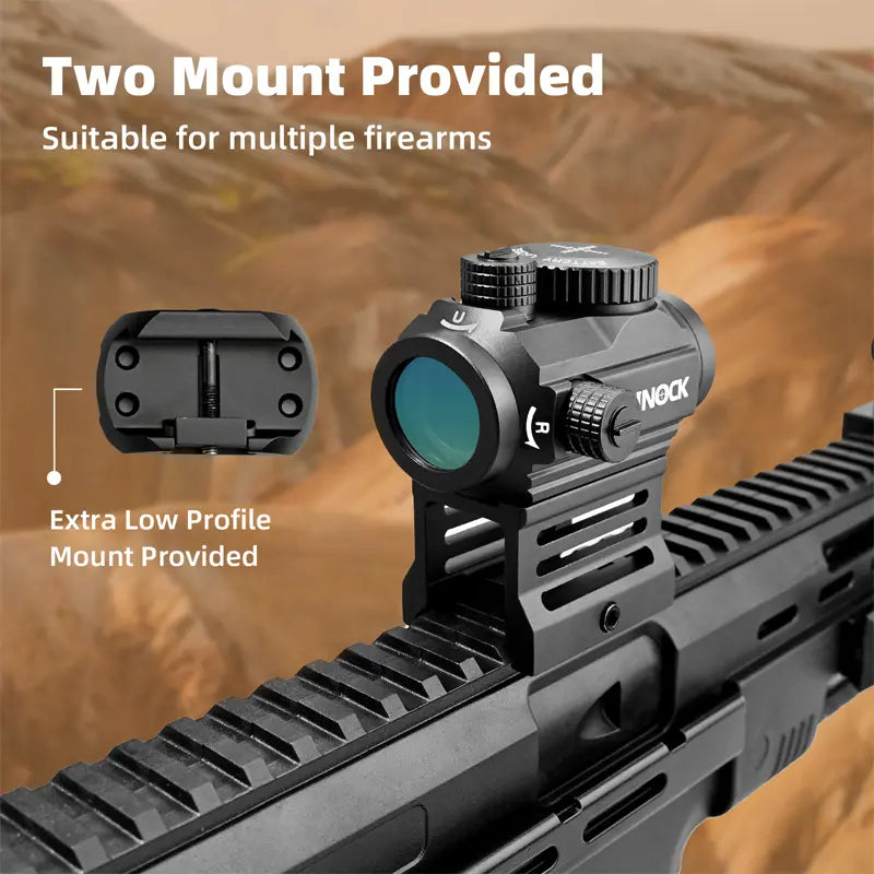 Rifle scope with mount on a rifle barrel, desert landscape background electric night vision and red dot sights