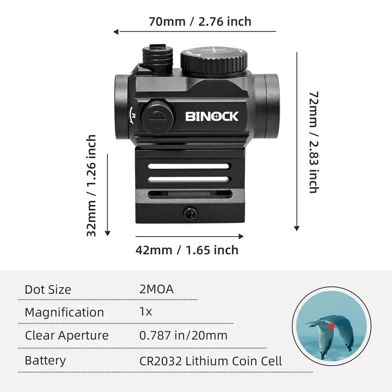 BINOCK red dot sight with dimensions and specifications on a white background