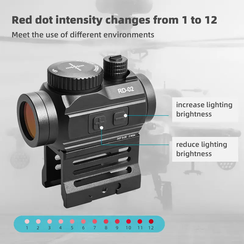 Red dot sight with intensity control on a gray background