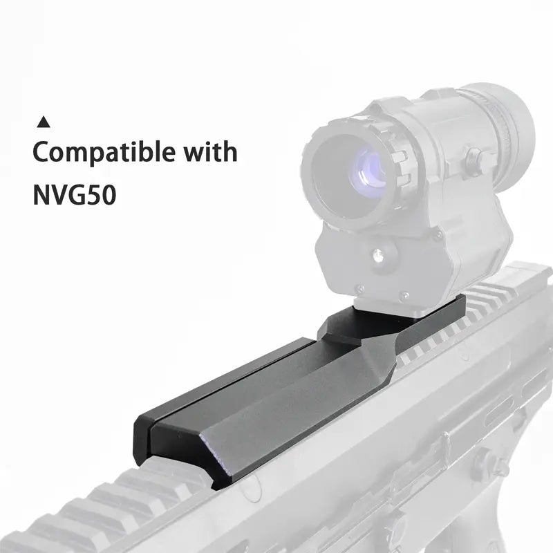 Optical device mounted on a rifle with compatibility text for NVG50 on a white background