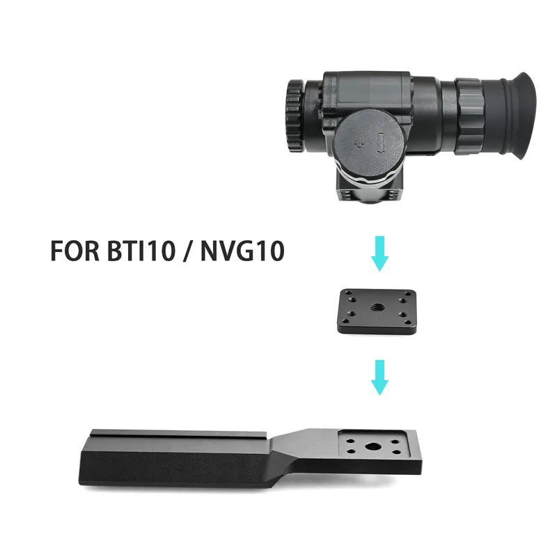 Tactical scope with mounting bracket labeled for BTI10/NVG10 on a white background