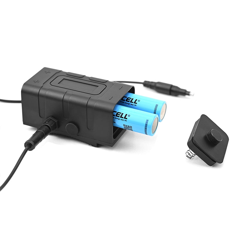 Black battery pack with two blue batteries and a switch on a white background