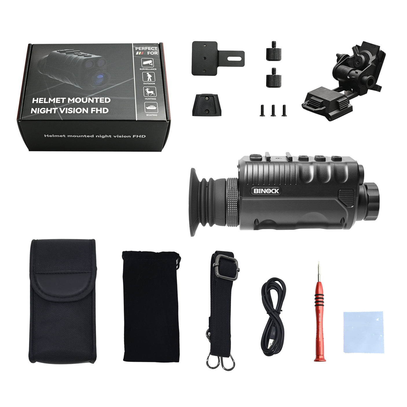 Helmet-mounted night vision with accessories on a white background