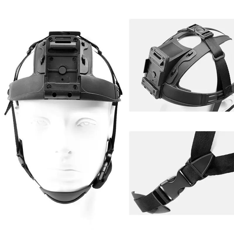 Black helmet with adjustable straps on a mannequin head, showing close-up details.