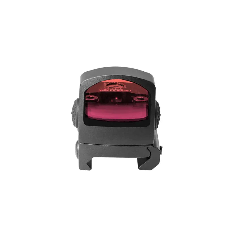 Red dot sight with a black frame on a white background