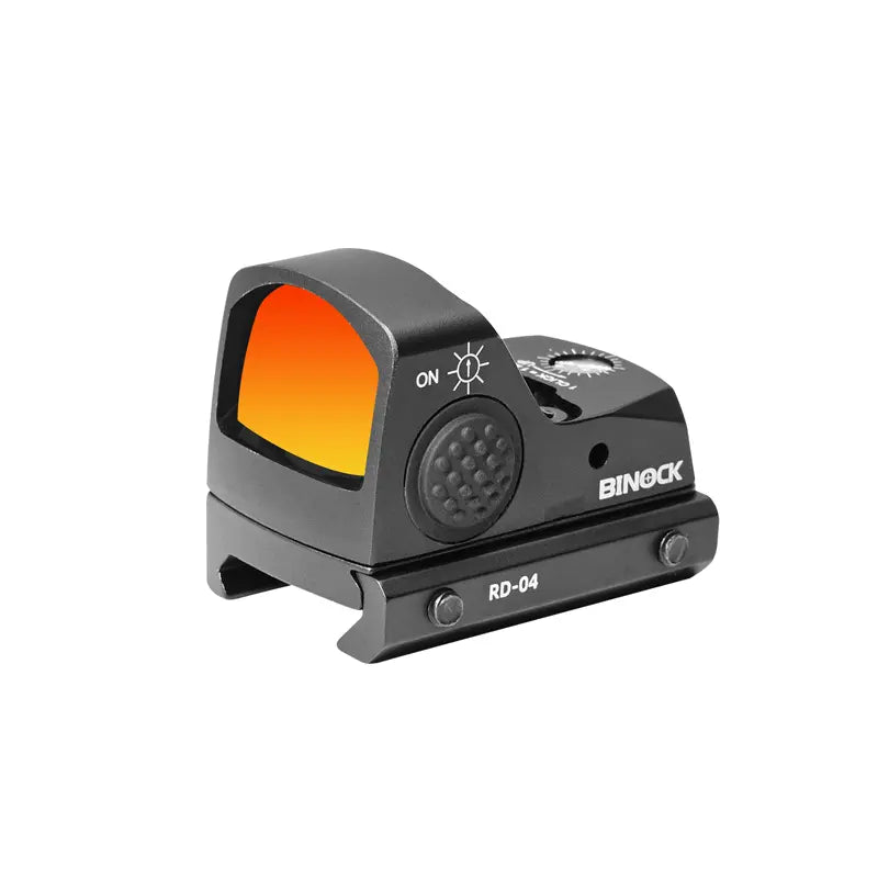 Red dot sight with orange reticle on a white background