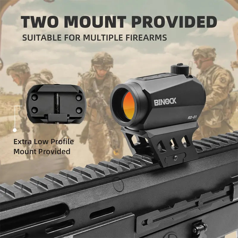 BINOCK red dot sight with mount on rifle barrel, soldiers in background