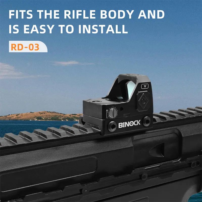 BINOCK rifle scope on a rifle with a scenic background