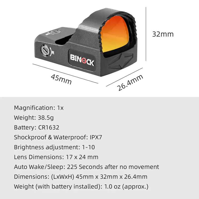 BINOCK red dot sight with dimensions and specifications on a white background