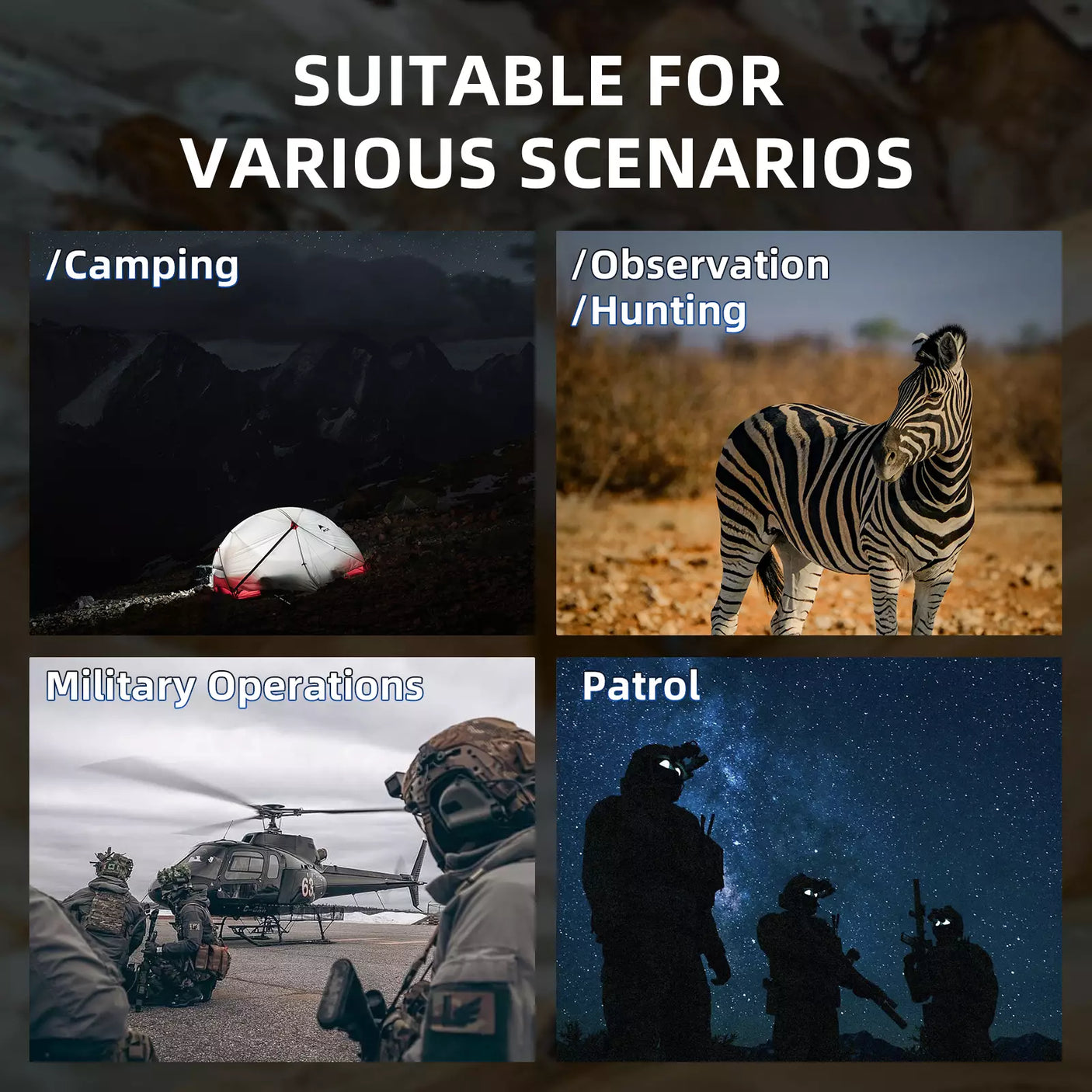 Product suitable for various scenarios including camping, observation/hunting, military operations, and patrol. thermal imaging camera