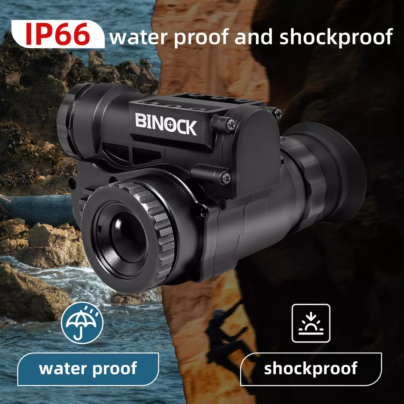 BINOCK night vision goggles with water and shockproof features, set against a natural background. thermal imaging camera