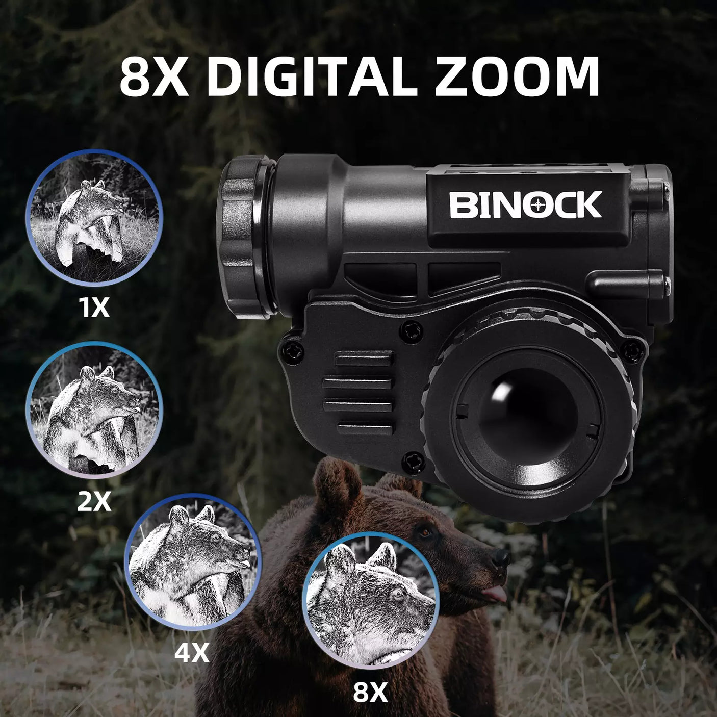 BINOCK binoculars with 8x digital zoom feature displayed against a natural background. thermal imaging camera