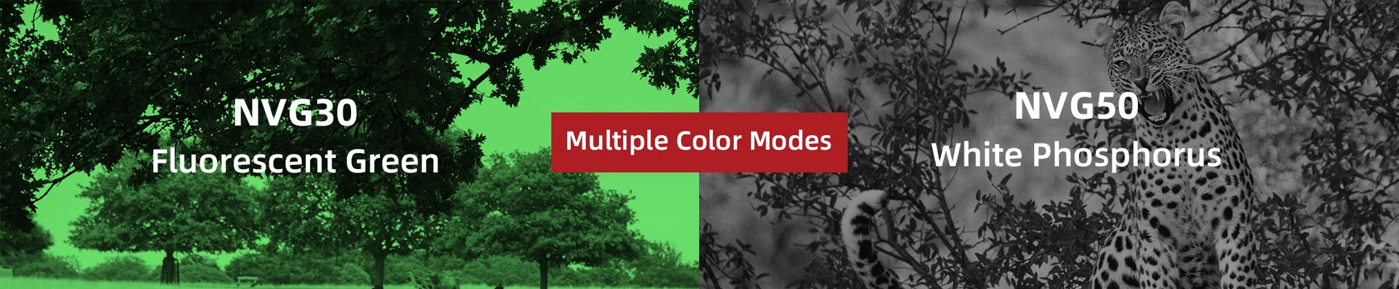 Two sections of a banner showing NVG30 in fluorescent green and NVG50 in white phosphorus with tree imagery.