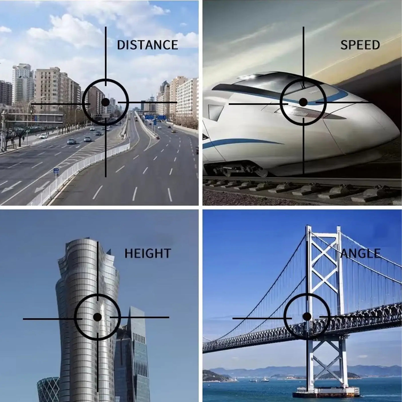 Four images showing examples of distance, speed, height, and angle in photography binock laser rangefinder