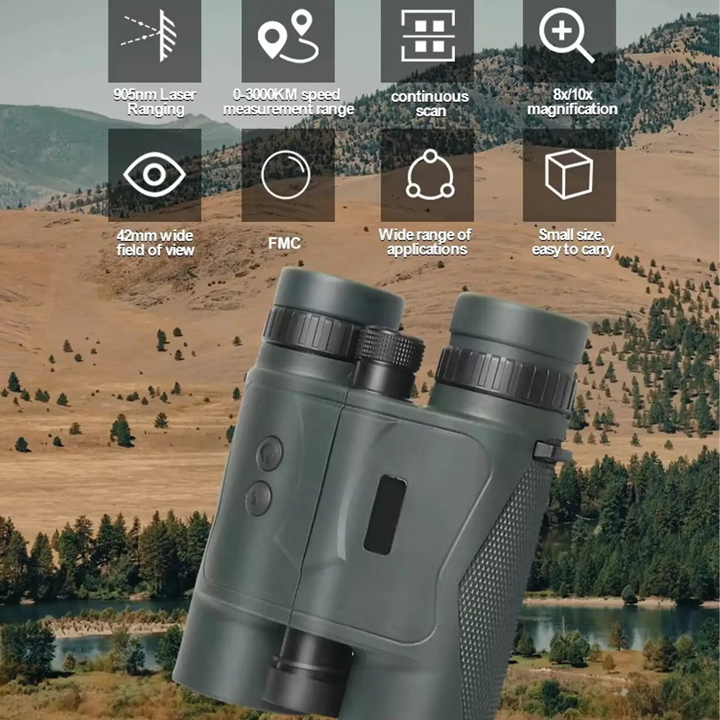 Binoculars with features listed on a scenic background binock laser rangefinder