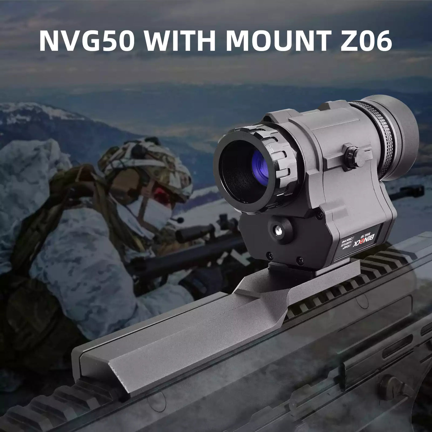 Nvg50 with mount Z06 on a rifle against a mountainous background night vision goggles for hunting