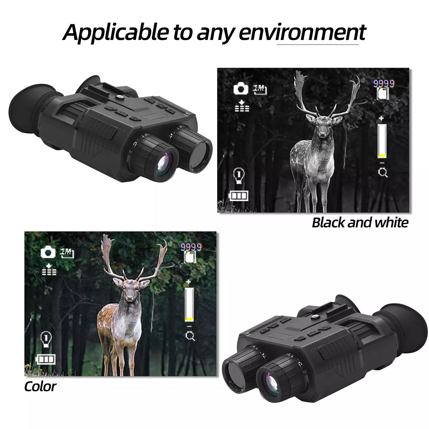 Night vision device with images of deer in color and black and white on a white background. night vision goggles binoculars