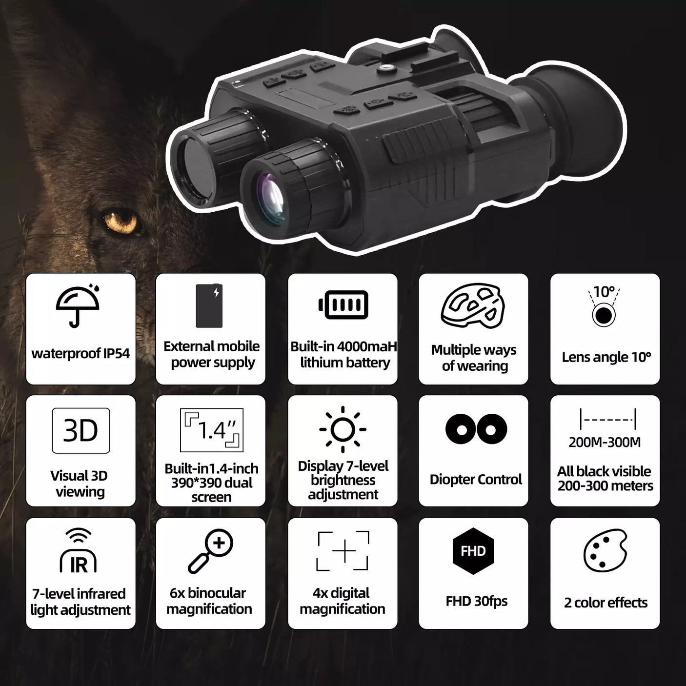 Digital night vision binoculars with features listed on a black background night vision goggles binoculars