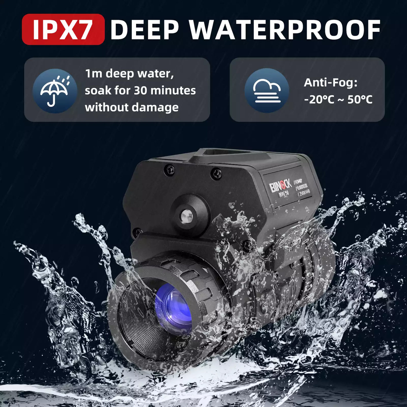 Waterproof device with IPX7 rating being submerged in water, featuring text and icons about its waterproof capabilities.