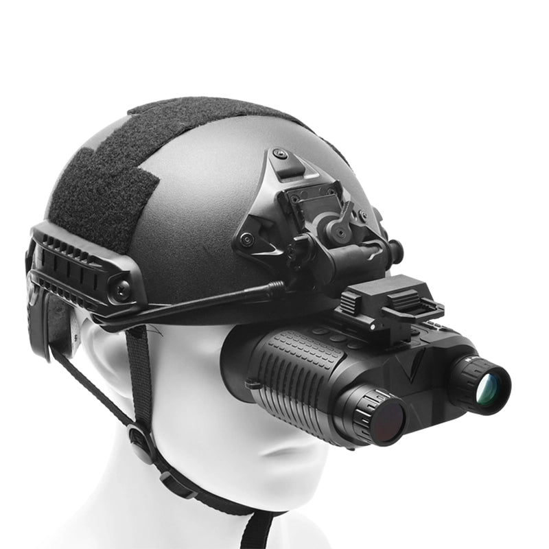 Tactical helmet with night vision binoculars and goggles on a white background