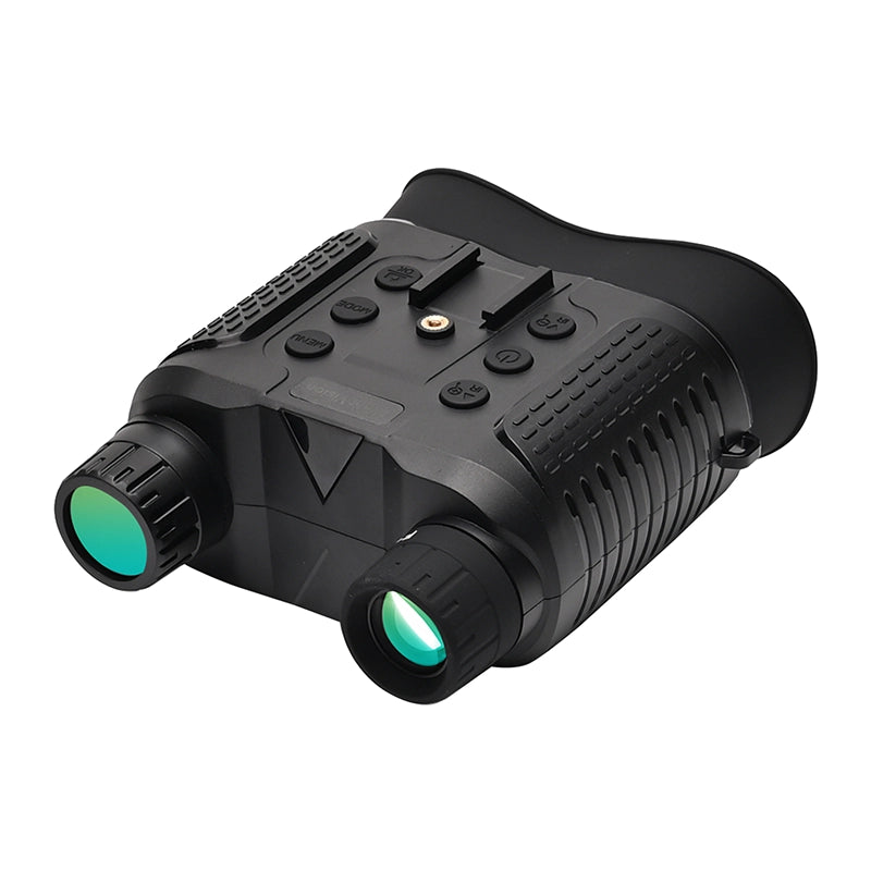 Black night vision binoculars and goggles device with green lenses on a white background