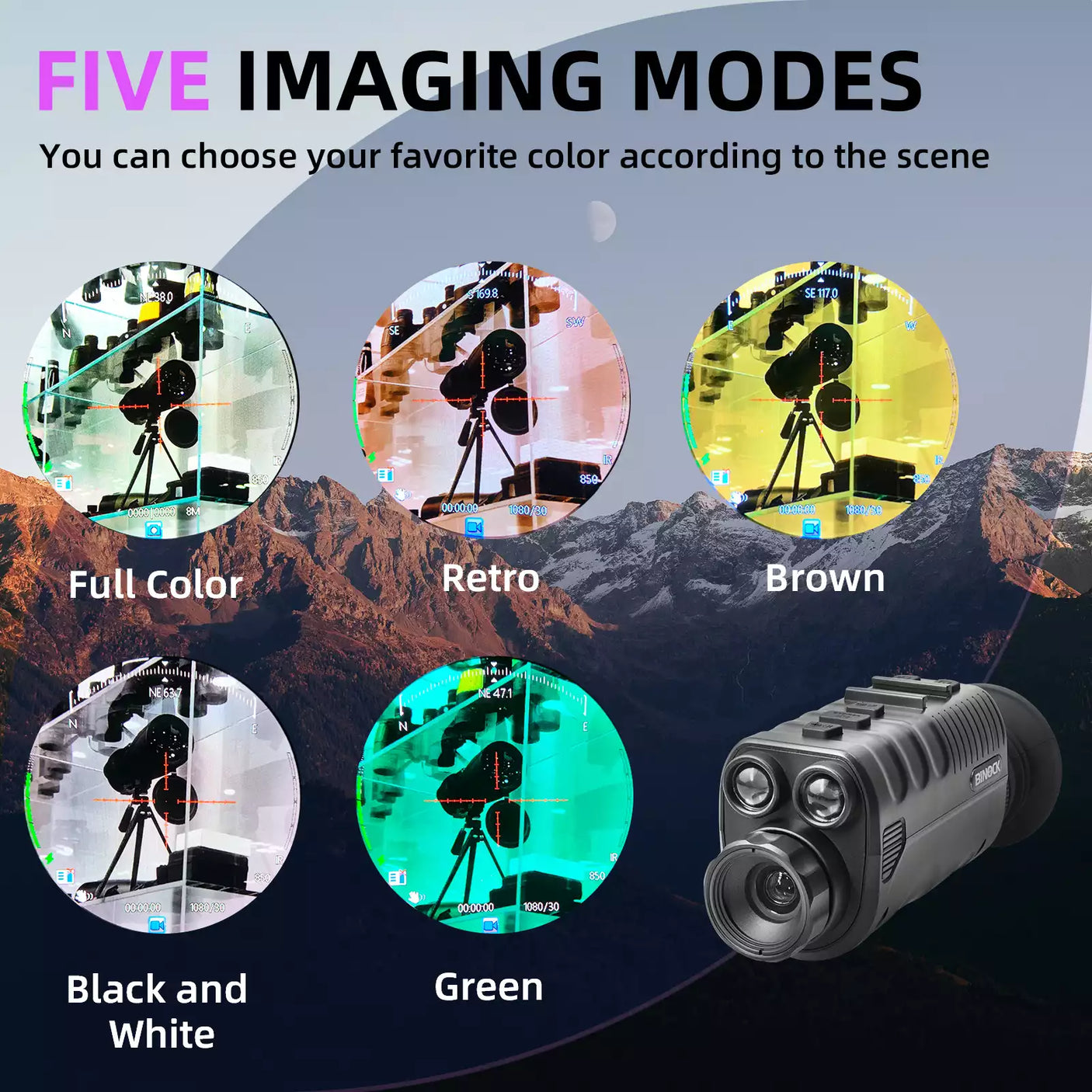 Five imaging modes with a camera device on a mountainous background digital night vision goggles