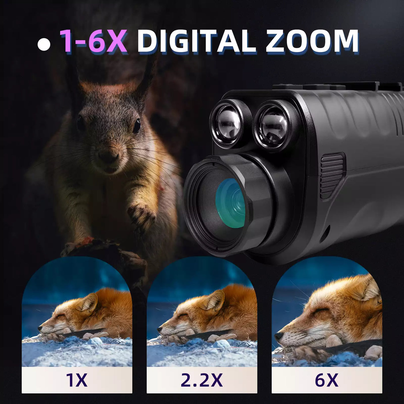Digital zoom device with a squirrel and fox images showing different magnifications. digital night vision goggles