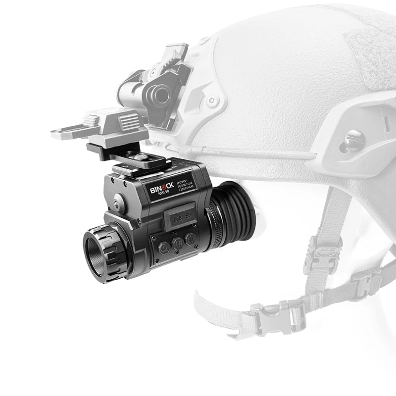 Tactical helmet with a mounted night vision device on a white background NVG50 the best night vision goggles for hunting
