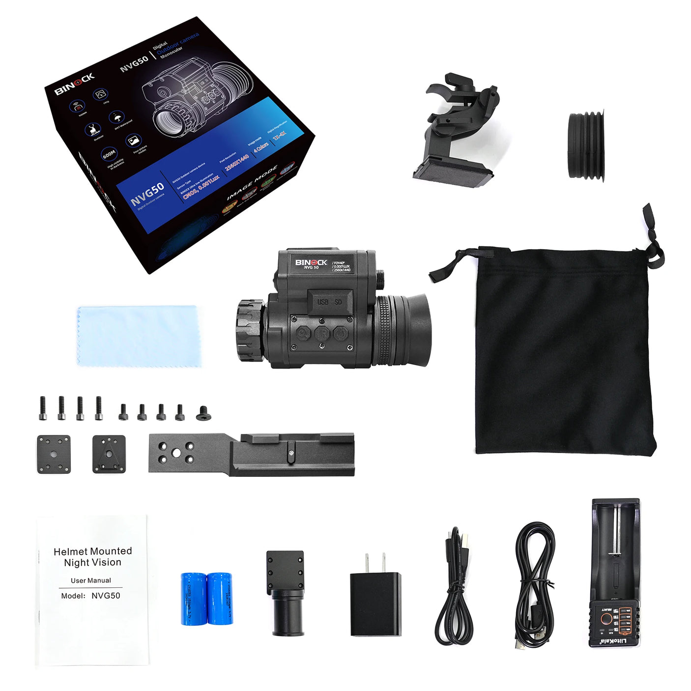 Helmet-mounted night vision device with accessories on a white background. The accessories of the best night vision goggles for hunting.