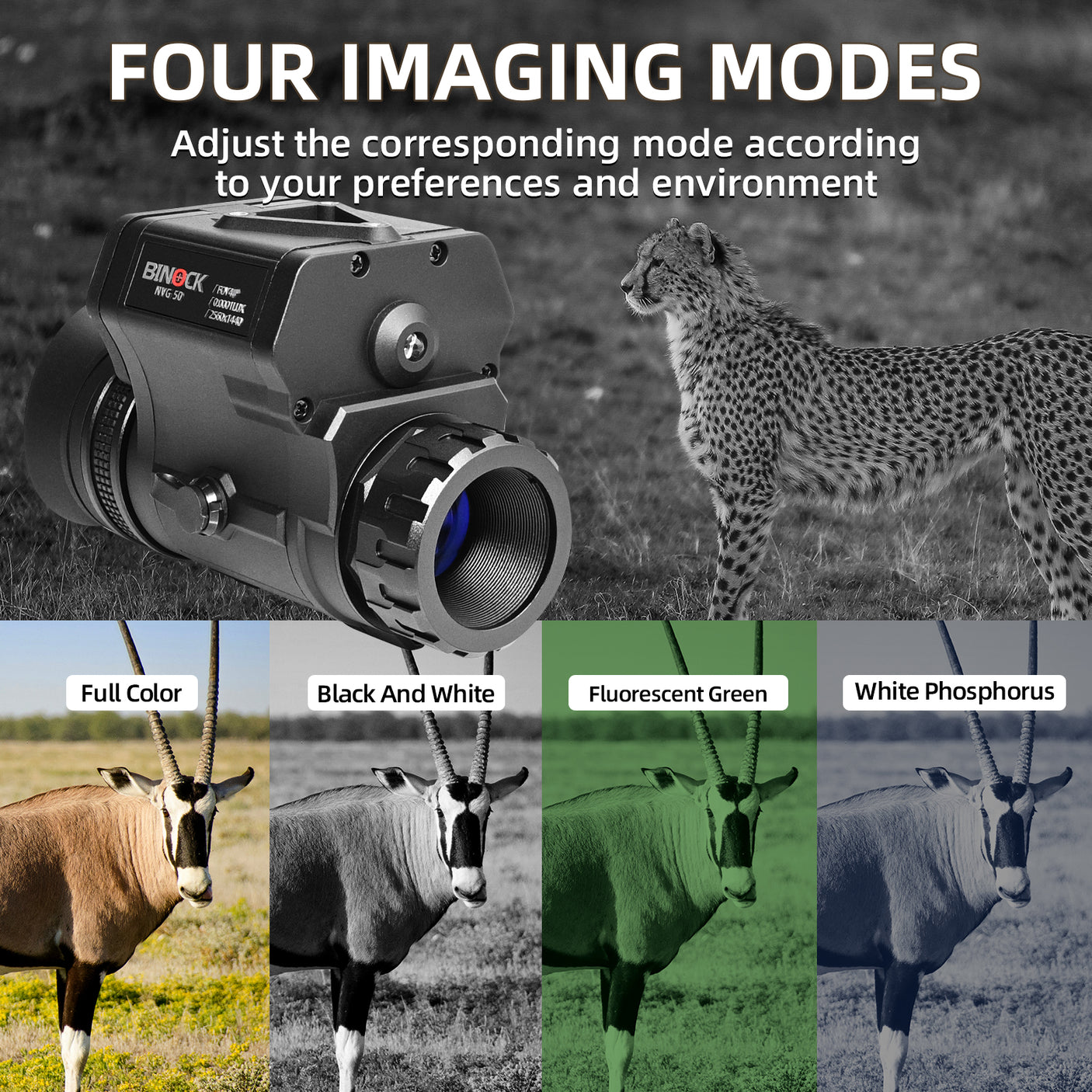 Infrared imaging device with cheetah and antelope images showing different imaging modes. This digital night vision goggles has four imaging modes, adjust the corresponding mode according to your preferences and environment. Full color, black and white, fluorescent green, white phosphorus.
