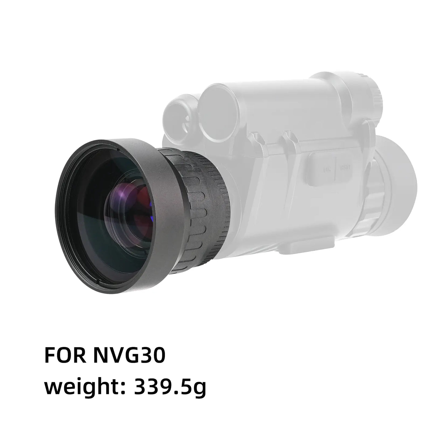 Monocular device for NVG30 with lens and weight information on a white background