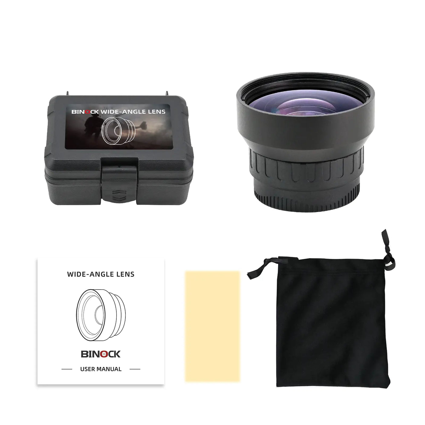Wide-angle lens with packaging, cleaning cloth, and user manual on a white background