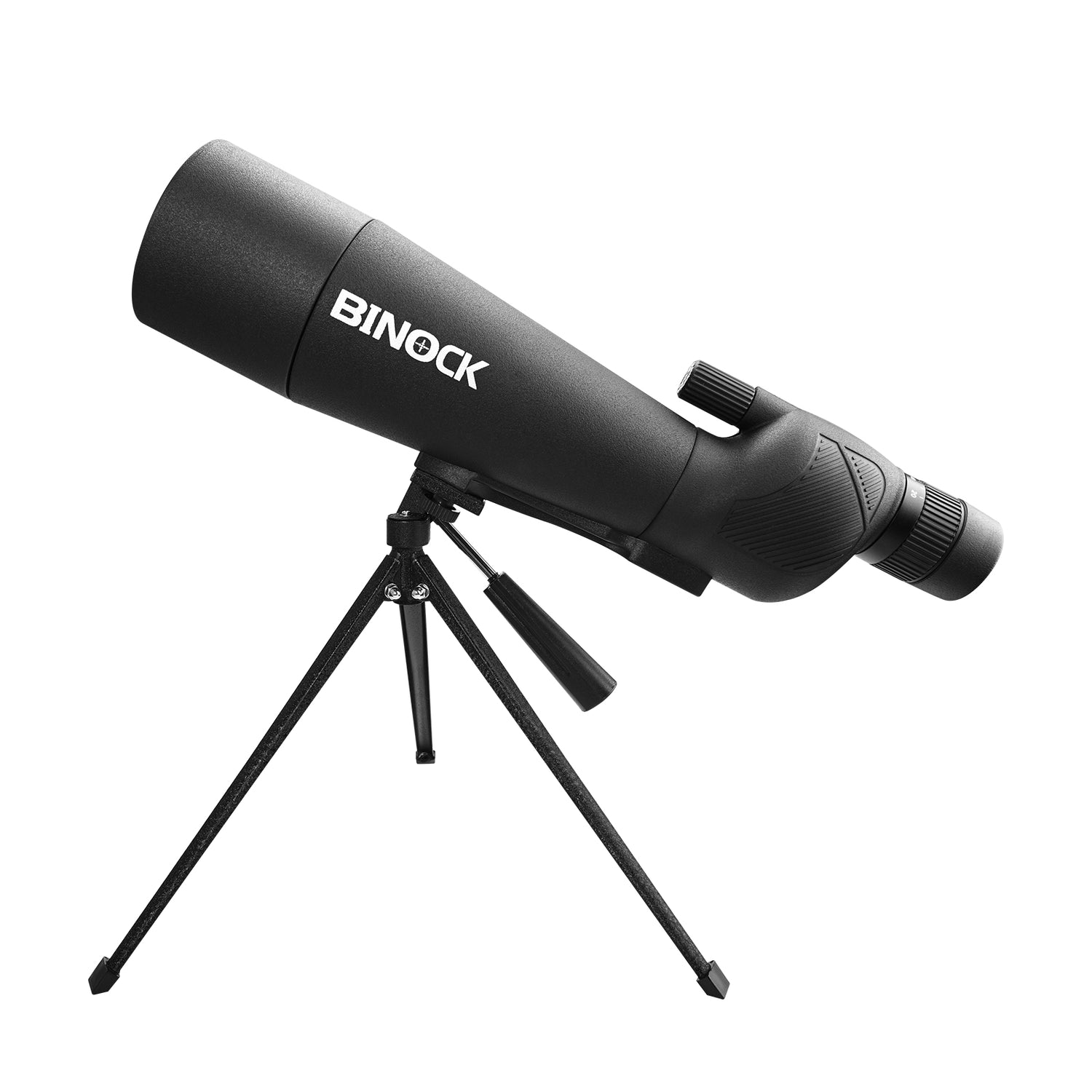 Black binoculars with a tripod on a white background, branded 'BINOCK'. DT16 bird watching scope
