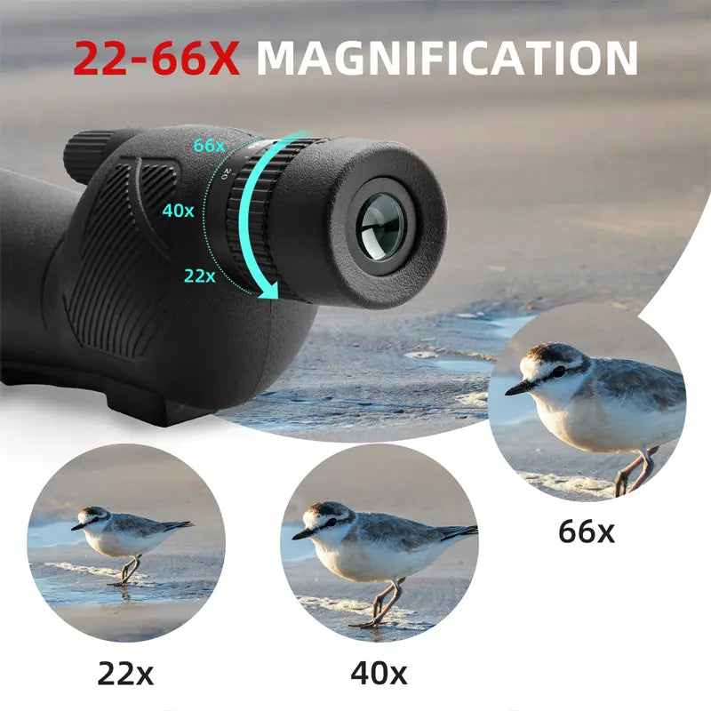 Monocular with magnification options and birdwatching scene on a beach BINOCK DT16 bird watching spotting scope