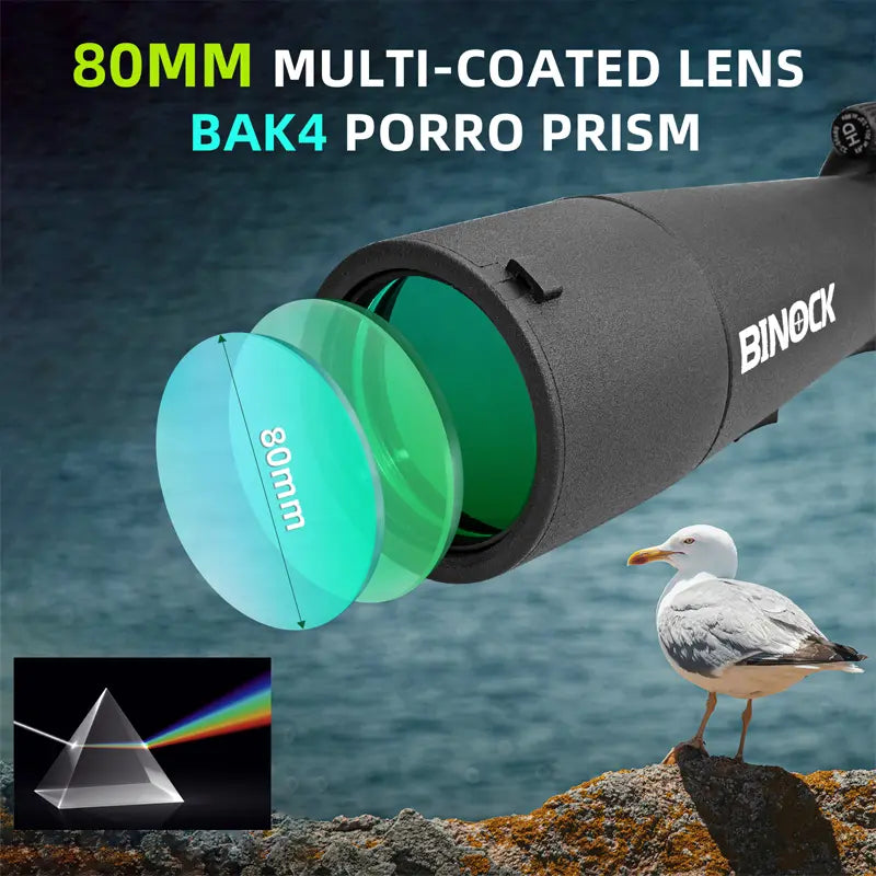 Binoculars with 80mm multi-coated lens and BAK4 porro prism, featuring a seagull and water background. Spotting scope BINOCK DT16 bird watching scope