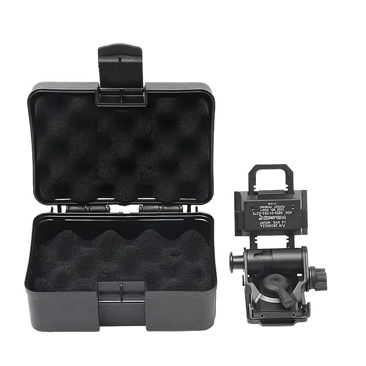 Black night vision goggles helmet mount with open case on a white background