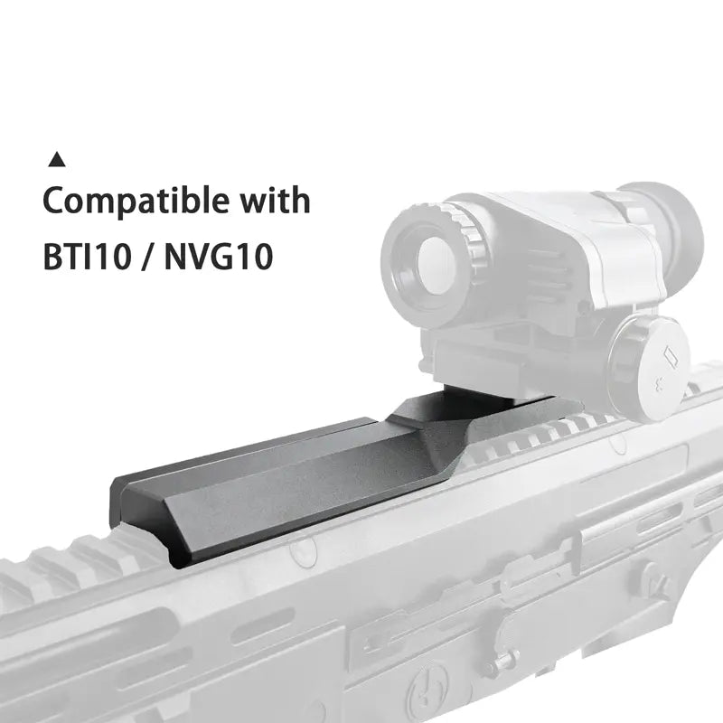 Optical device on a rifle with compatibility text for BTI10/NVG10 on a white background