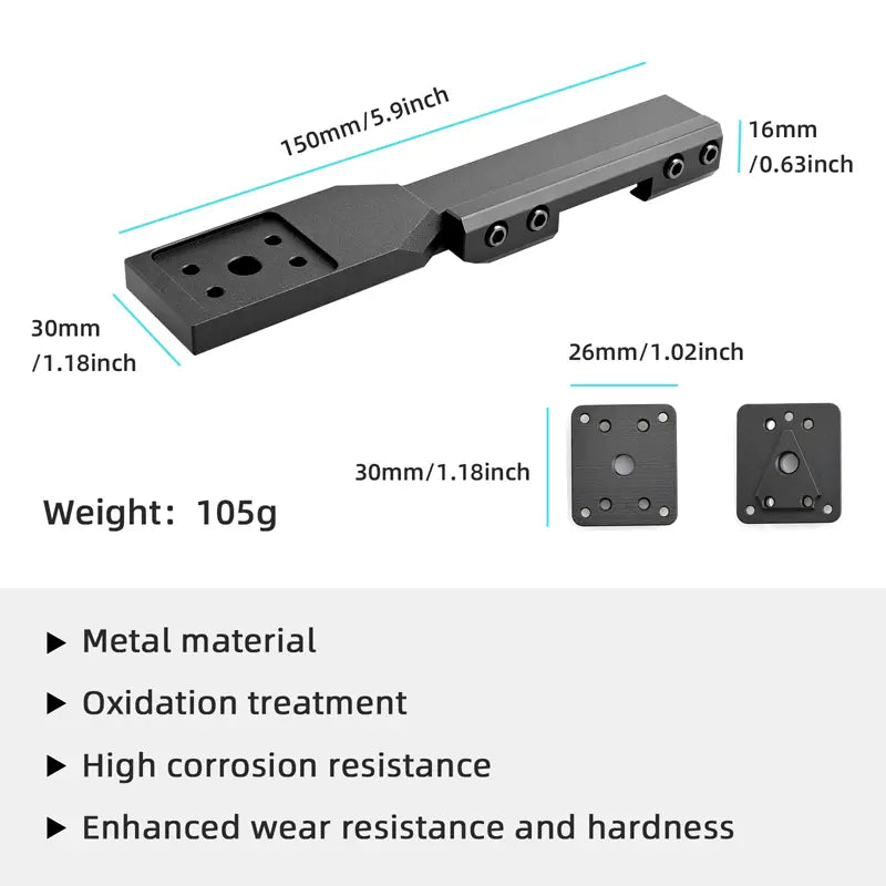 Technical specifications of a metal bracket with dimensions and material properties on a white background