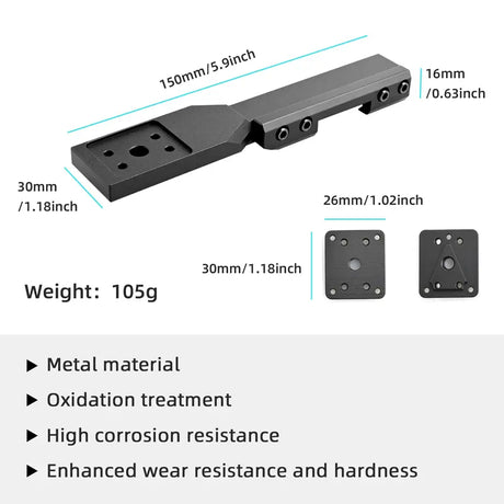 Technical specifications of a metal bracket with dimensions and material properties on a white background