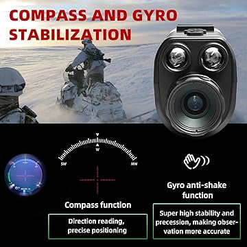 Camera with compass and gyro stabilization features on a snowy landscape background. Compass functionL direction reading , precise positioning. Gyro anti-shake function, super high stabilitu and precession, making observation more accurate for this night vision goggles monocular.