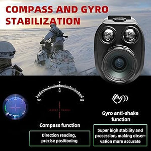 Camera with compass and gyro stabilization features on a snowy landscape background. Compass functionL direction reading , precise positioning. Gyro anti-shake function, super high stabilitu and precession, making observation more accurate for this night vision goggles monocular.