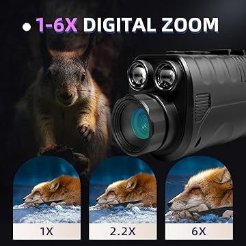 Night vision monocular and best night vision goggles with 1-6X digital zoom feature, showing a fox at different magnifications.