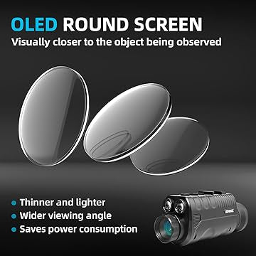 OLED round screen technology with a thermal imaging camera on a dark background. this best digital night vision monocular is equipped with an OLED round screen. It is visually closer to the ovject being observed. It is thinner and lighter. It has wider viewing angle and saves power consumption.