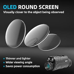 OLED round screen technology with a thermal imaging camera on a dark background. this best digital night vision monocular is equipped with an OLED round screen. It is visually closer to the ovject being observed. It is thinner and lighter. It has wider viewing angle and saves power consumption.