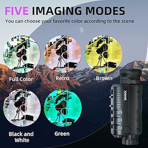 Night vision monocular with five imaging modes displayed on a mountainous background. Full color, retro, brown, black and white, green